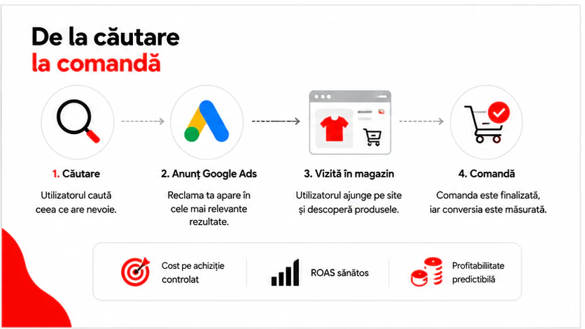 Traseul de la căutare la comandă: căutare, anunț Google Ads, vizită în magazin, comandă