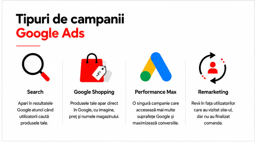 Tipurile de campanii Google Ads pentru magazine online: Search, Google Shopping, Performance Max și remarketing
