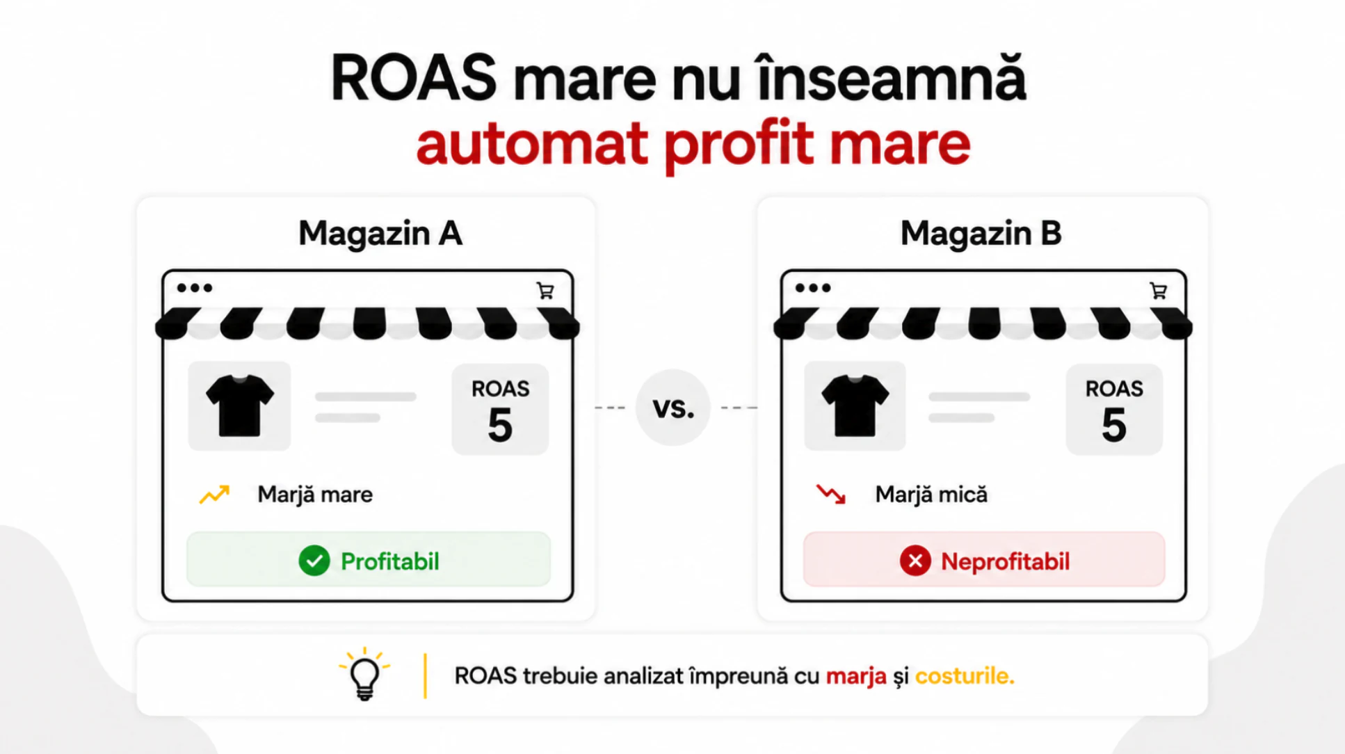 Comparație între două magazine cu același ROAS, dar marje și profitabilitate diferite